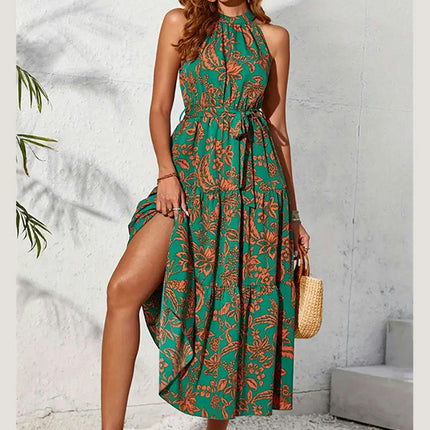 Womens Casual Halter Neck Midi Dress Sleeveless Floral Print A-line Summer Dresses