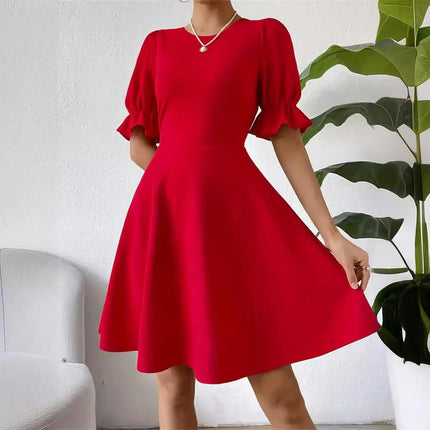 Women Summer Puff Short Sleeve Dresses Casual High Waist A Line Swing Mini Dress