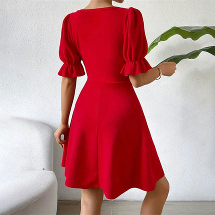 Women Summer Puff Short Sleeve Dresses Casual High Waist A Line Swing Mini Dress