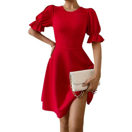 Women Summer Puff Short Sleeve Dresses Casual High Waist A Line Swing Mini Dress