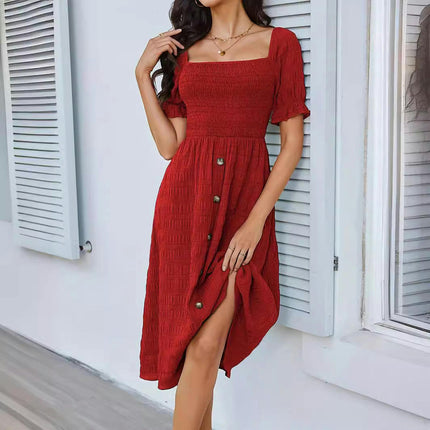 Women Summer Puff Short Sleeve Dresses Square Neck Smocked A Line Flowy Midi Dress