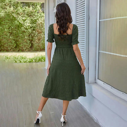 Women Summer Puff Short Sleeve Dresses Square Neck Smocked A Line Flowy Midi Dress