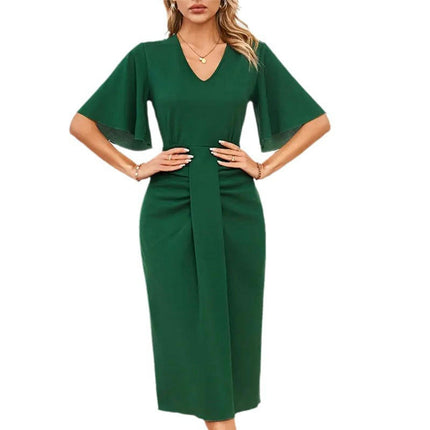 Womens Bodycon Ruffle Flared Short Sleeve Midi Dress Ruched Casual Dress