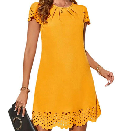 Womens Summer Short Sleeve Dresses Casual Pleated Crewneck Mini Dress