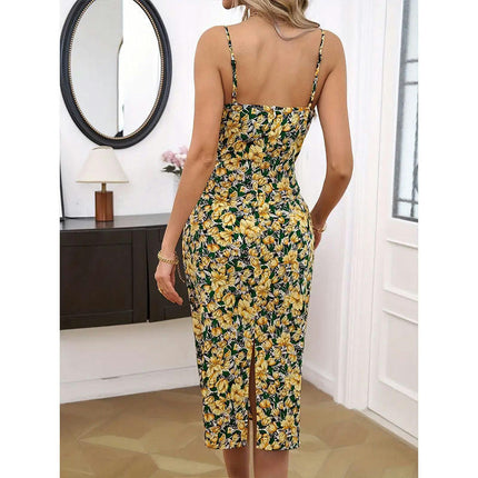 Women's Summer Spaghetti Strap Bodycon Midi Dress Sexy Backless Split Floral Dresses