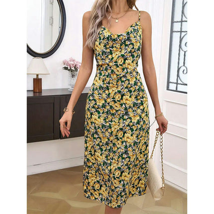 Women's Summer Spaghetti Strap Bodycon Midi Dress Sexy Backless Split Floral Dresses