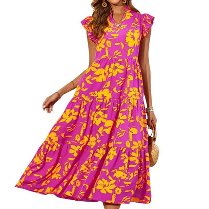 Women's Summer Casual Dress Ruffle Cap Sleeves V Neck Tiered A-Line Floral Midi Dress