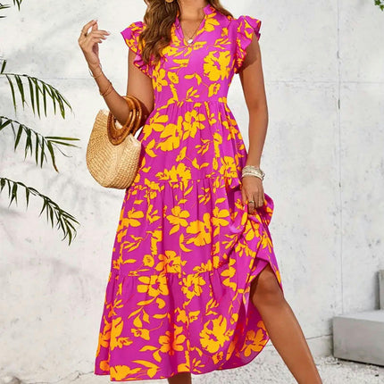 Women's Summer Casual Dress Ruffle Cap Sleeves V Neck Tiered A-Line Floral Midi Dress