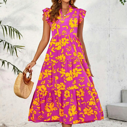 Women's Summer Casual Dress Ruffle Cap Sleeves V Neck Tiered A-Line Floral Midi Dress