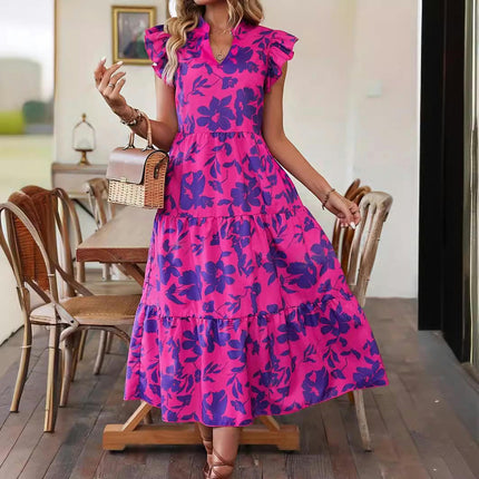 Women's Summer Casual Dress Ruffle Cap Sleeves V Neck Tiered A-Line Floral Midi Dress