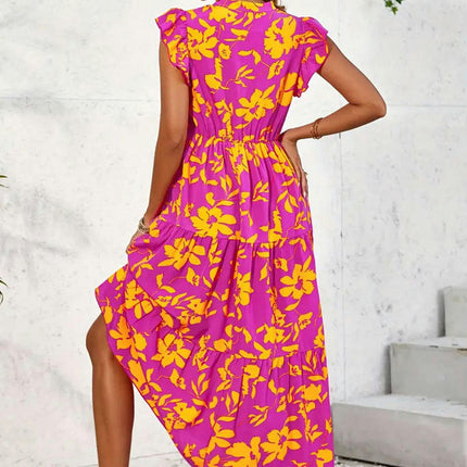 Women's Summer Casual Dress Ruffle Cap Sleeves V Neck Tiered A-Line Floral Midi Dress