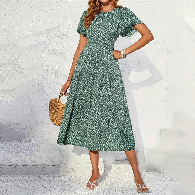 Women's Summer Dress Short Flutter Sleeves Crew Neck Smocked Waist A-Line Maxi Dress