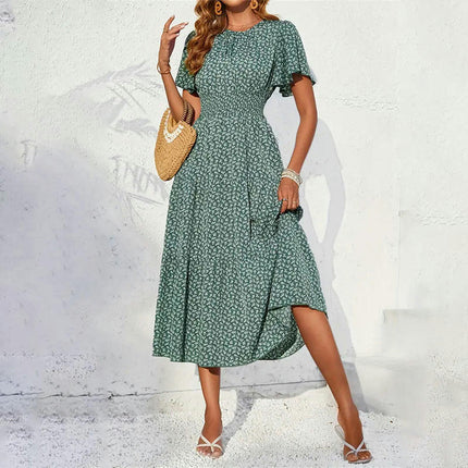 Women's Summer Dress Short Flutter Sleeves Crew Neck Smocked Waist A-Line Maxi Dress