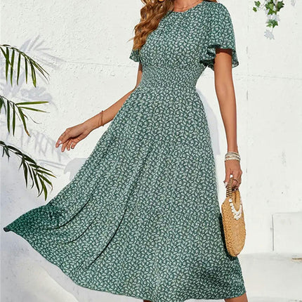 Women's Summer Dress Short Flutter Sleeves Crew Neck Smocked Waist A-Line Maxi Dress