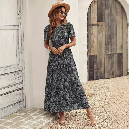 Women's Summer Dress Short Flutter Sleeves Crew Neck Smocked Waist A-Line Maxi Dress