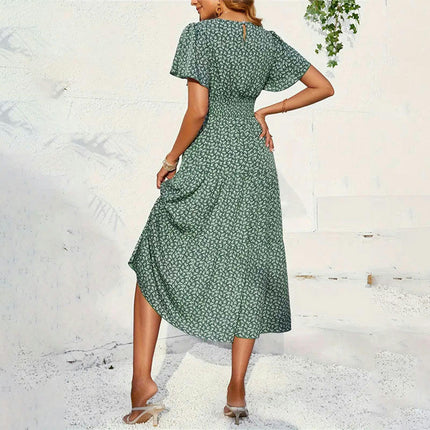 Women's Summer Dress Short Flutter Sleeves Crew Neck Smocked Waist A-Line Maxi Dress