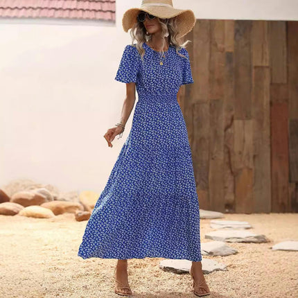 Women's Summer Dress Short Flutter Sleeves Crew Neck Smocked Waist A-Line Maxi Dress