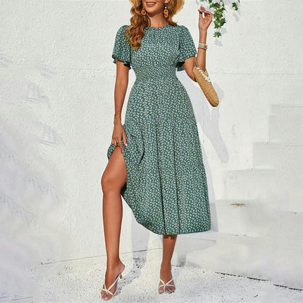 Women's Summer Dress Short Flutter Sleeves Crew Neck Smocked Waist A-Line Maxi Dress