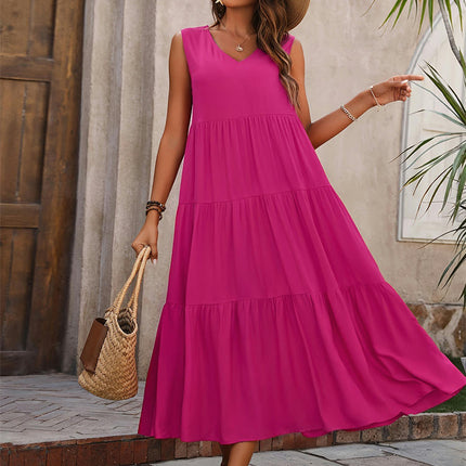 Women's Summer Casual Sleeveless V Neck Ruffle Tiered A Line Maxi Dress