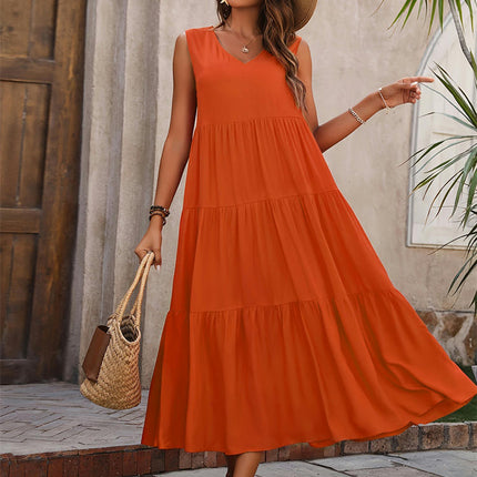 Women's Summer Casual Sleeveless V Neck Ruffle Tiered A Line Maxi Dress