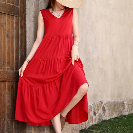 Women's Summer Casual Sleeveless V Neck Ruffle Tiered A Line Maxi Dress