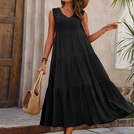 Women's Summer Casual Sleeveless V Neck Ruffle Tiered A Line Maxi Dress