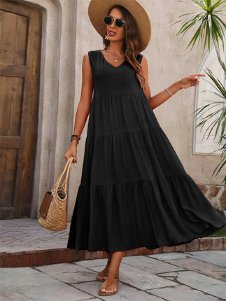 Women's Summer Casual Sleeveless V Neck Ruffle Tiered A Line Maxi Dress