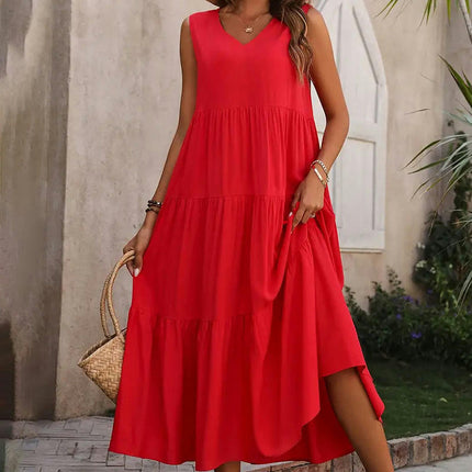 Women's Summer Casual Sleeveless V Neck Ruffle Tiered A Line Maxi Dress