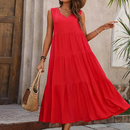 Women's Summer Casual Sleeveless V Neck Ruffle Tiered A Line Maxi Dress