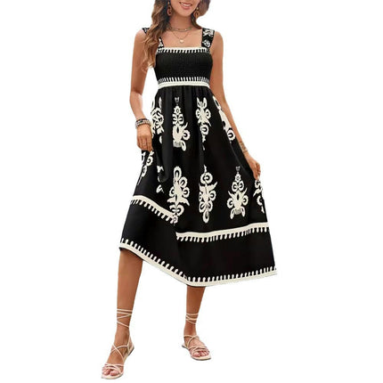 Women's Summer Flowy Midi Dress Casual Sleeveless Wide Strap Print A Line Dresses