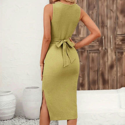 Women's Summer Sleeveless Dress Split Tie Waist Bodycon Midi Dresses