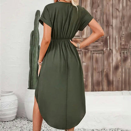 Women's Tie Waist Midi Dress V Neck Short Sleeve Ruched Asymmetrical Dresses