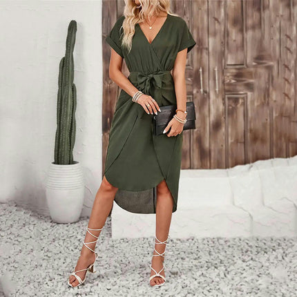 Women's Tie Waist Midi Dress V Neck Short Sleeve Ruched Asymmetrical Dresses