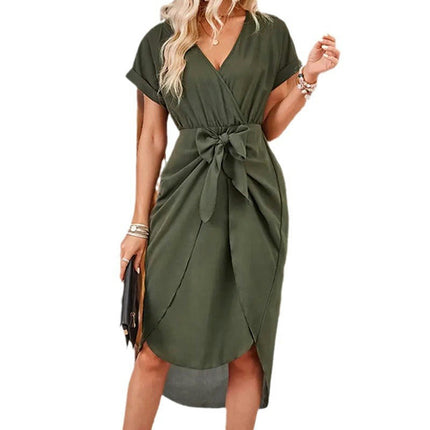 Women's Tie Waist Midi Dress V Neck Short Sleeve Ruched Asymmetrical Dresses