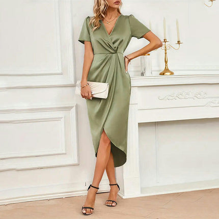 Women's V Neck Short Sleeve Ruched Bodycon Wrap Party Slit Cocktail Midi Dress