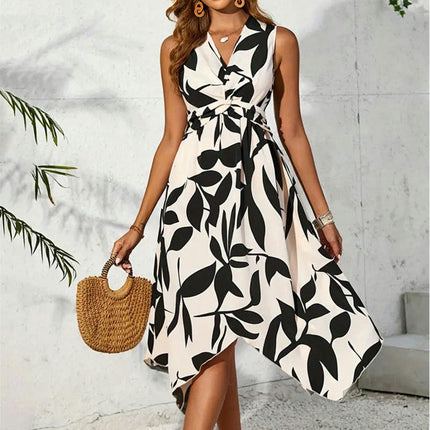 Print Dress for Women Summer Casual V Neck Sleeveless Twist Flowy Asymmetrical Dress