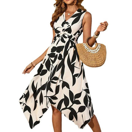 Print Dress for Women Summer Casual V Neck Sleeveless Twist Flowy Asymmetrical Dress