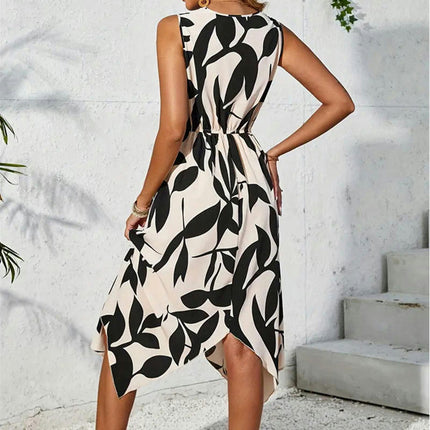 Print Dress for Women Summer Casual V Neck Sleeveless Twist Flowy Asymmetrical Dress