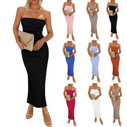 Women's Summer Bodycon Maxi Tube Dress Strapless Slit Long Casual Dresses