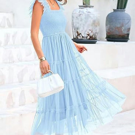 Women's Ruffled Cap Sleeve Smocked Midi Dress Summer Casual Tiered A-Line Dress