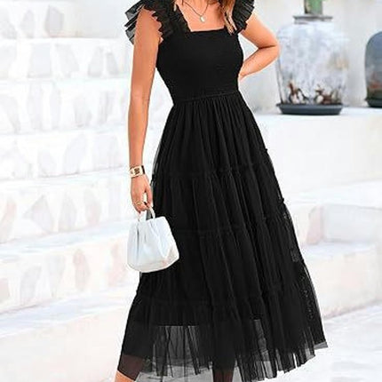 Women's Ruffled Cap Sleeve Smocked Midi Dress Summer Casual Tiered A-Line Dress