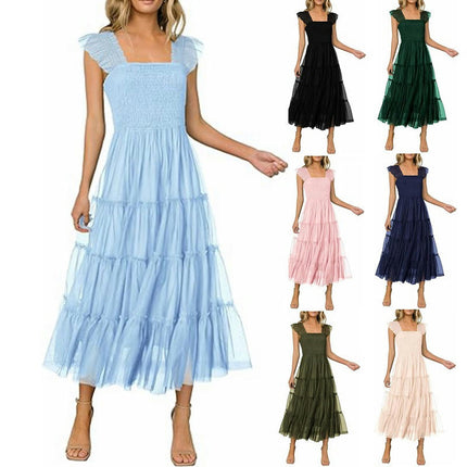 Women's Ruffled Cap Sleeve Smocked Midi Dress Summer Casual Tiered A-Line Dress