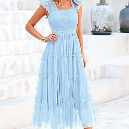 Women's Ruffled Cap Sleeve Smocked Midi Dress Summer Casual Tiered A-Line Dress