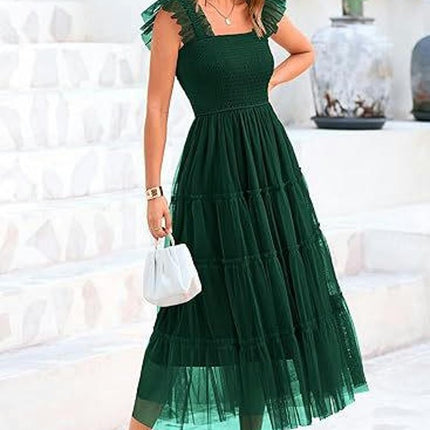 Women's Ruffled Cap Sleeve Smocked Midi Dress Summer Casual Tiered A-Line Dress