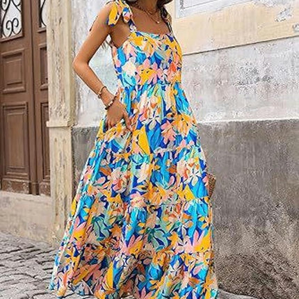 Womens Summer Floral Maxi Dresses Sleeveless Tie Strap Ruffle Tiered Flowy Dresses