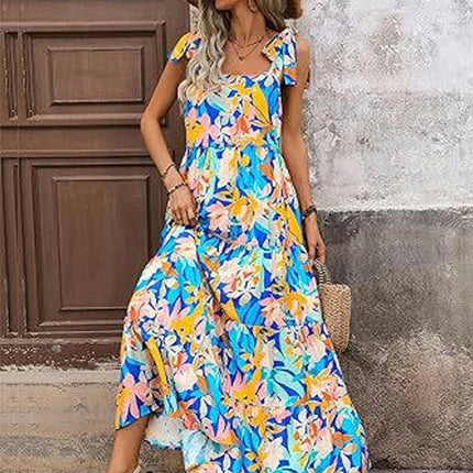 Womens Summer Floral Maxi Dresses Sleeveless Tie Strap Ruffle Tiered Flowy Dresses