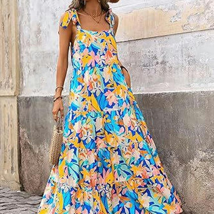 Womens Summer Floral Maxi Dresses Sleeveless Tie Strap Ruffle Tiered Flowy Dresses