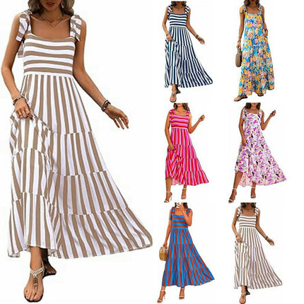 Womens Summer Floral Maxi Dresses Sleeveless Tie Strap Ruffle Tiered Flowy Dresses