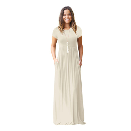 Women's Short Sleeve Loose Plain Casual Maxi Dresses Crew Neck Long Dress with Pockets