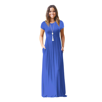 Women's Short Sleeve Loose Plain Casual Maxi Dresses Crew Neck Long Dress with Pockets